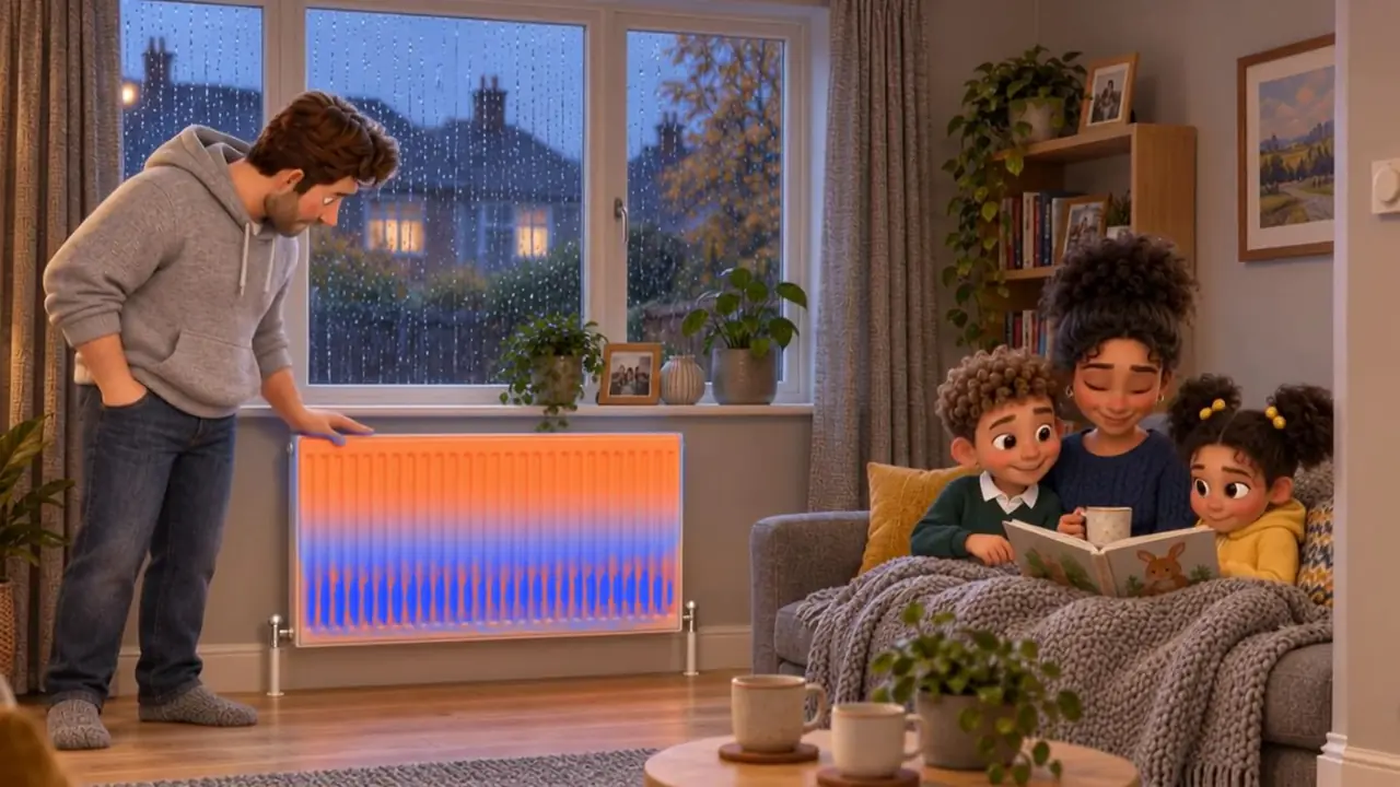 A radiator glowing warm at the top and cold blue at the bottom