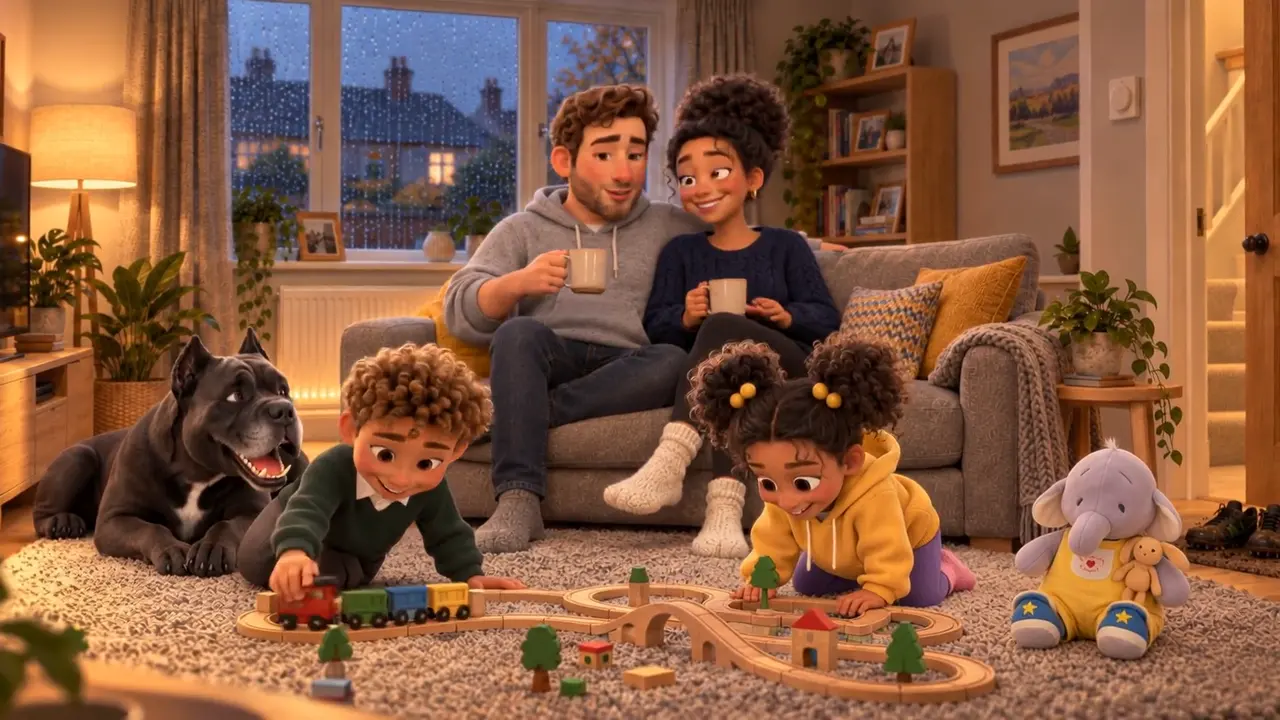 A warm living room: the family relaxed on the sofa, the kids playing, and the dog on the rug