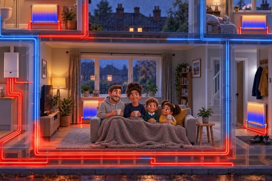 A thermal view of a living room: hot red pipes, cold blue radiators